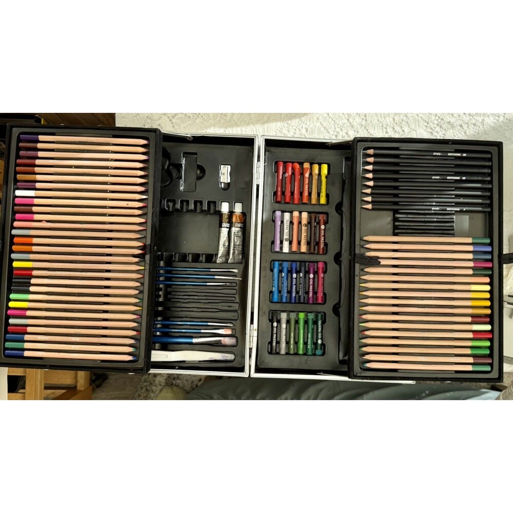 Art Set with Colored Sketch Pencils Acrylic Oil Pastels Brushes Metal Carry Case